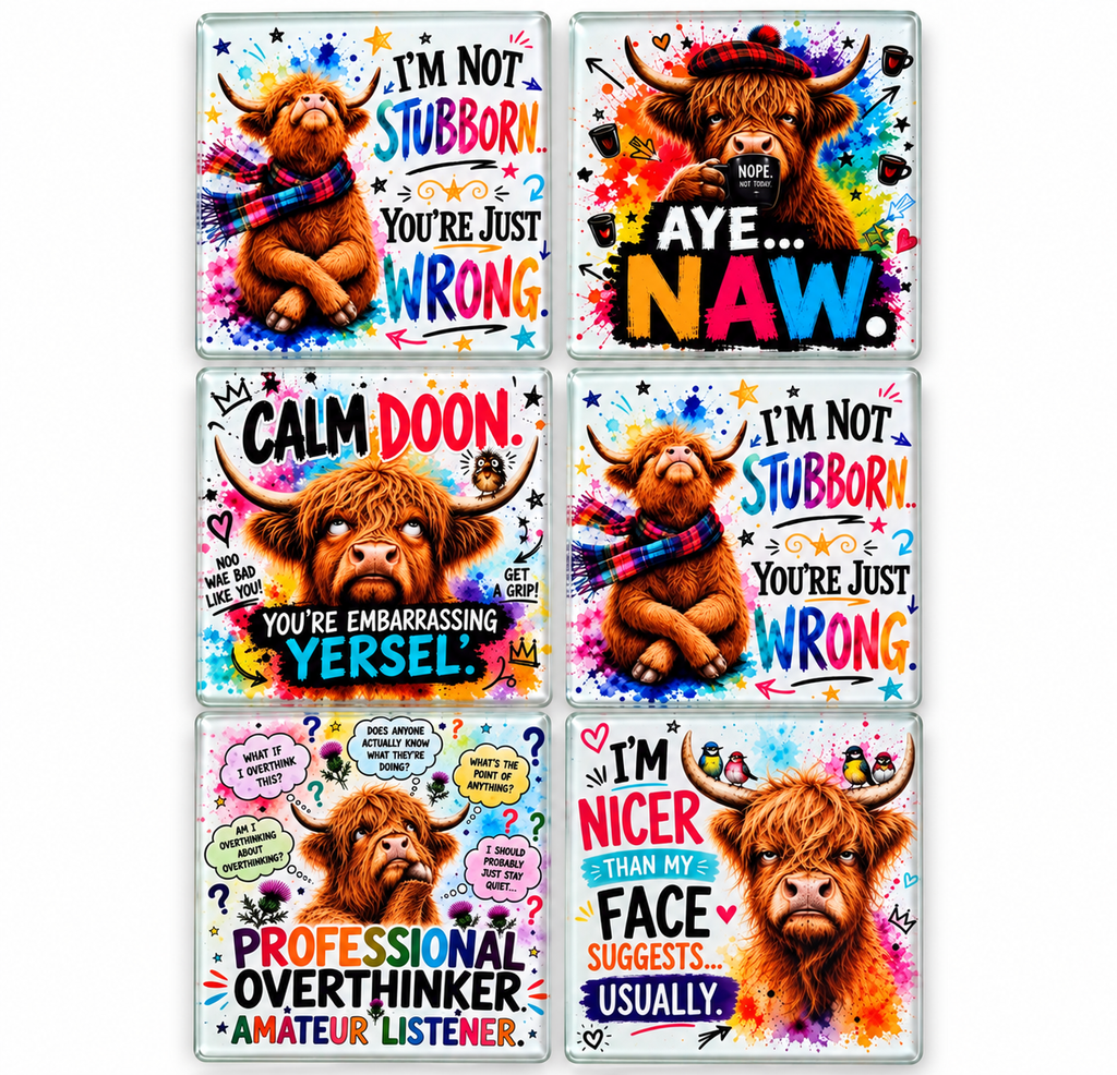 Cheeky Highland Cow Glass Coasters 🐮🏴󠁧󠁢󠁳󠁣󠁴󠁿