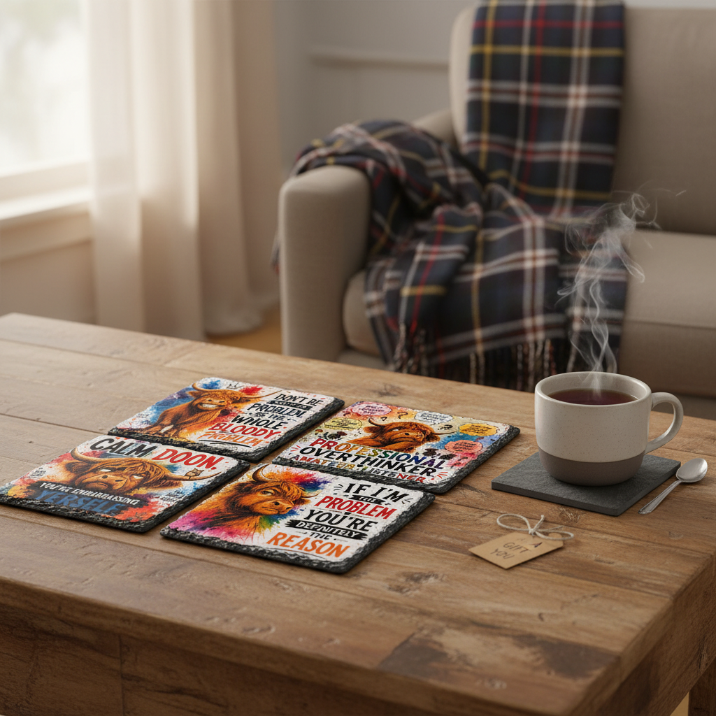 Highland Coo Slate Coasters lifestyle photo