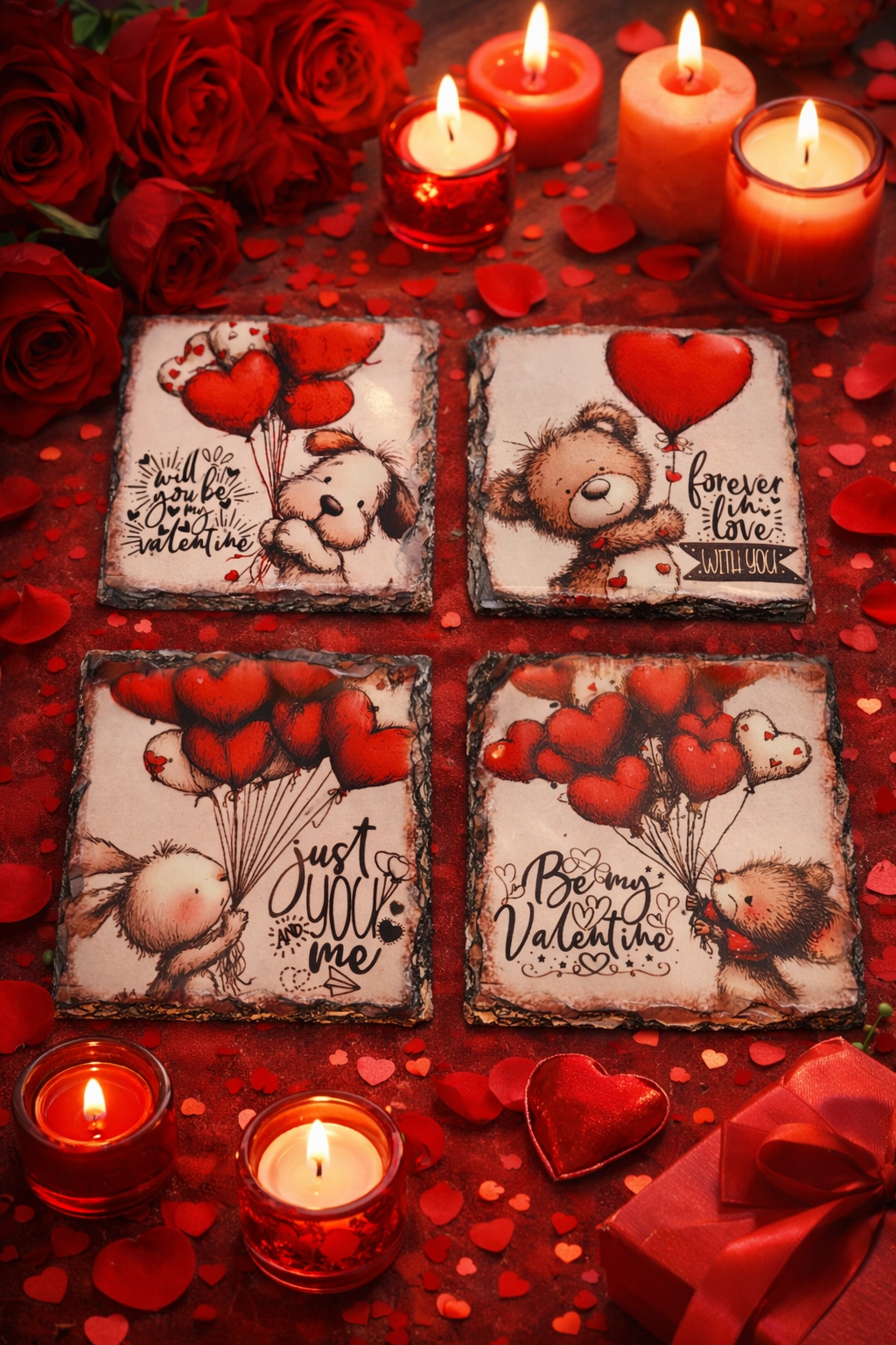 Valentine teddy bear slate coasters - set of 4