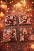 Vintage teddy bear love slate coasters - set of 4