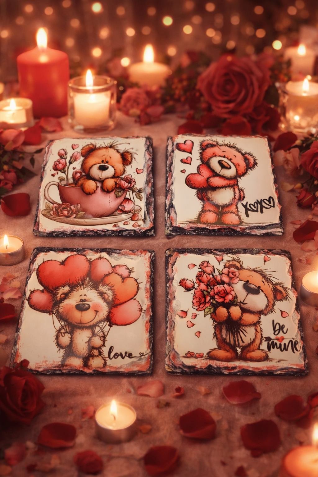 “Romantic Teddy Bear Slate Coasters – Set of 4”