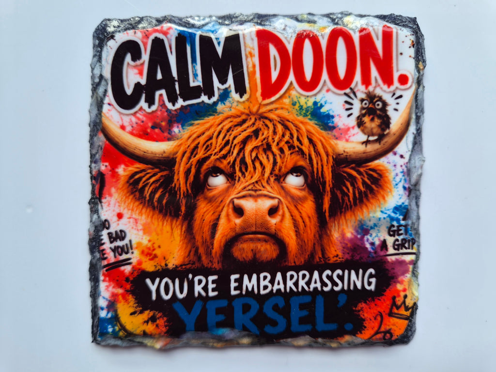 Cheeky Highland Coo Slate Coasters – Scottish Gift
