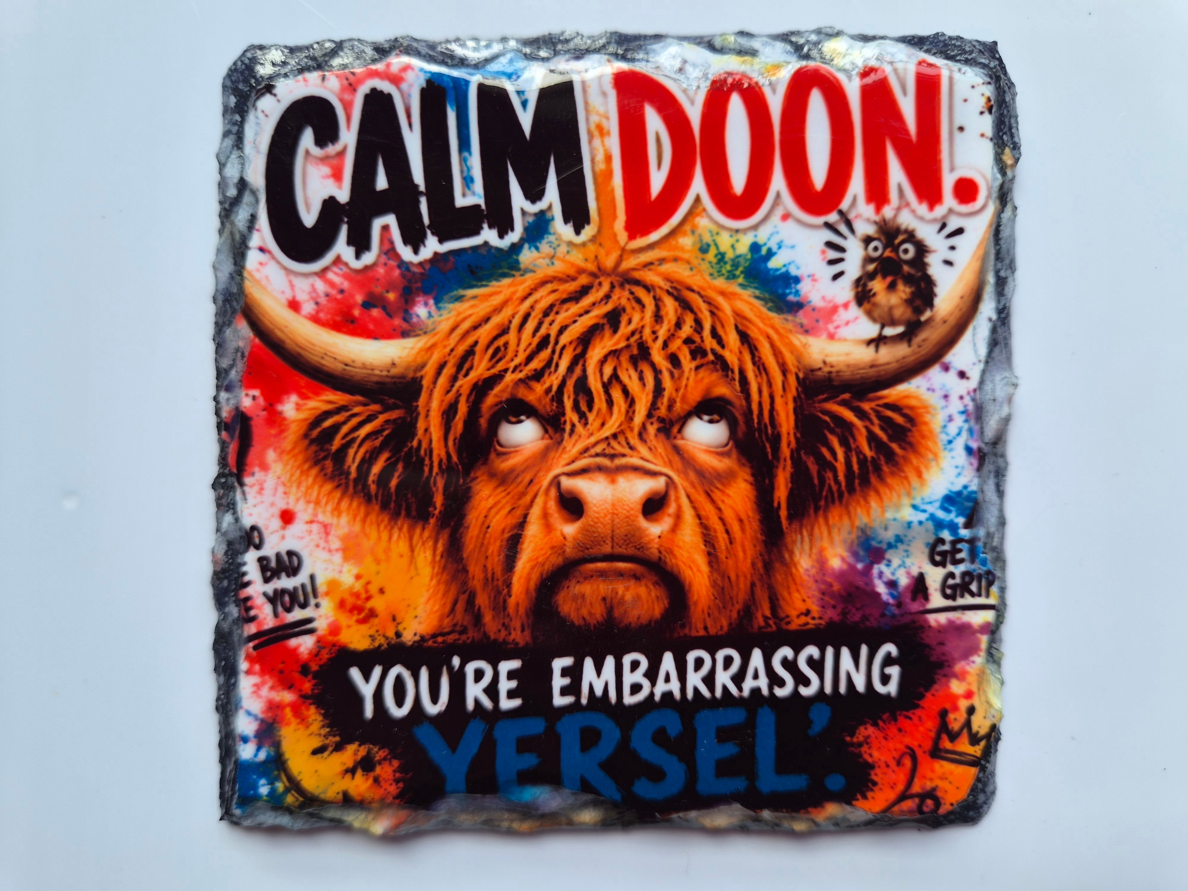 Cheeky Highland Coo Slate Coasters – Scottish Gift